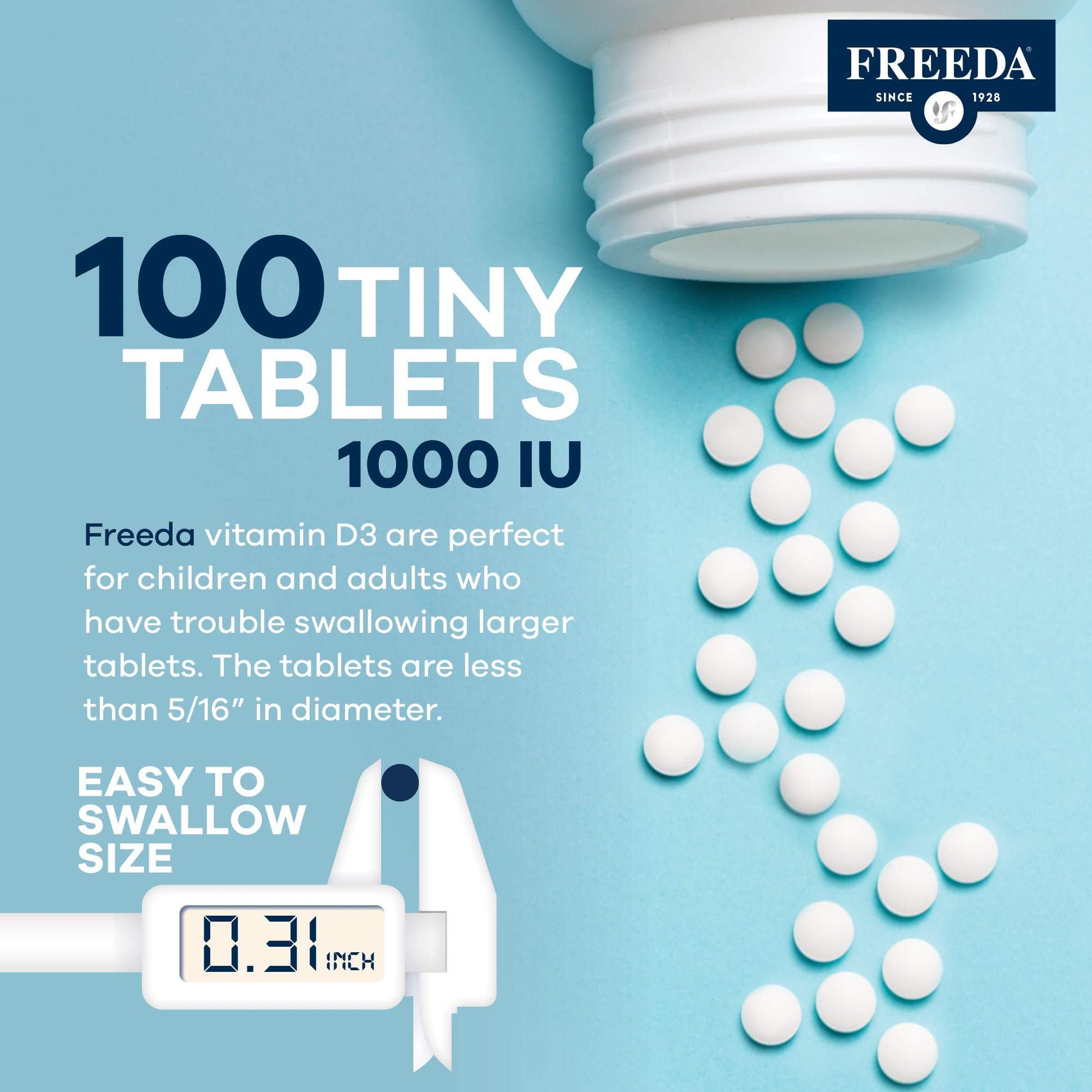 Vista lateral frasco Freeda vitamina d3 tableta kosher 100 comprimidos