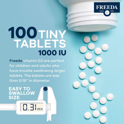 Vista lateral frasco Freeda vitamina d3 tableta kosher 100 comprimidos