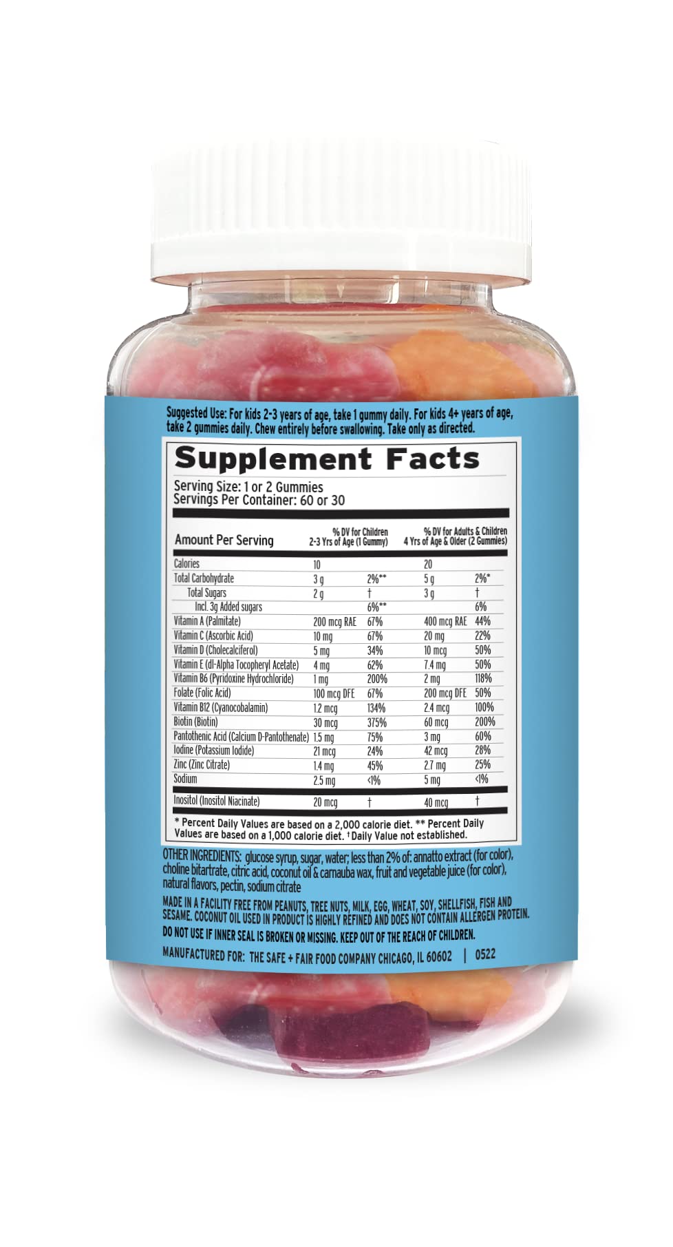 Vista lateral de la botella de gomitas multivitamínicas Safe + Fair.