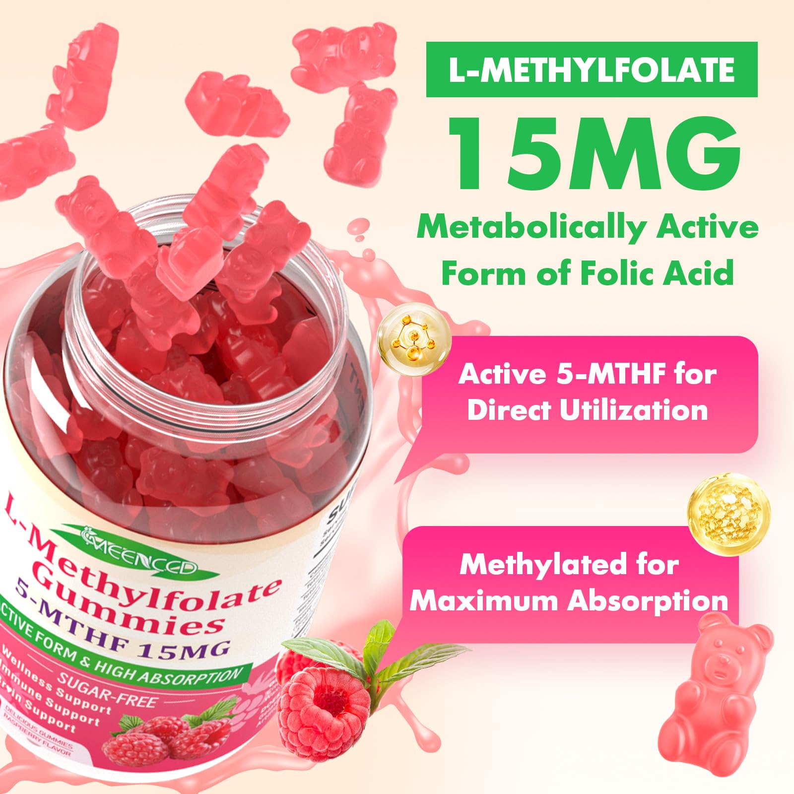 Vista lateral gummies MEENCCD, sabor frambuesa