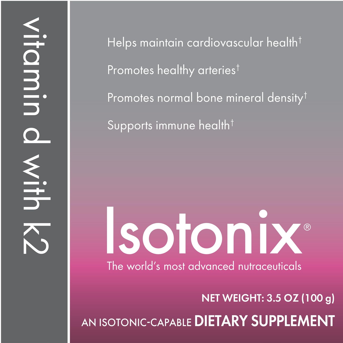 Vista lateral Isotonix vitamina D K2 magnesio