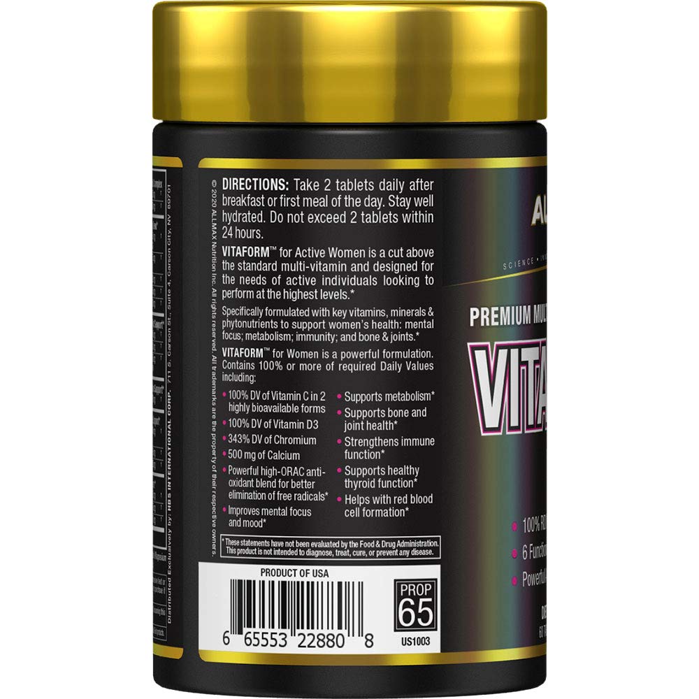 Vista lateral del envase de multivitaminas ALLMAX para mujeres