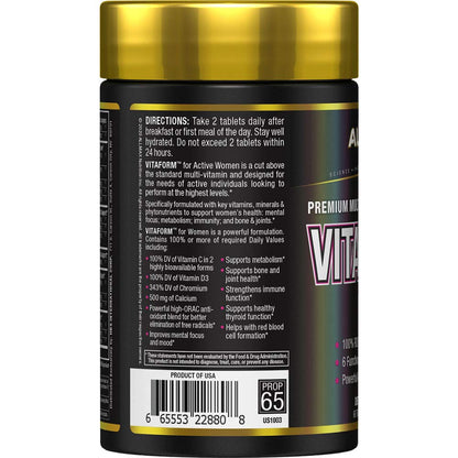 Vista lateral del envase de multivitaminas ALLMAX para mujeres