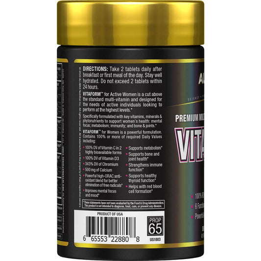 Vista lateral del envase de multivitaminas ALLMAX para mujeres