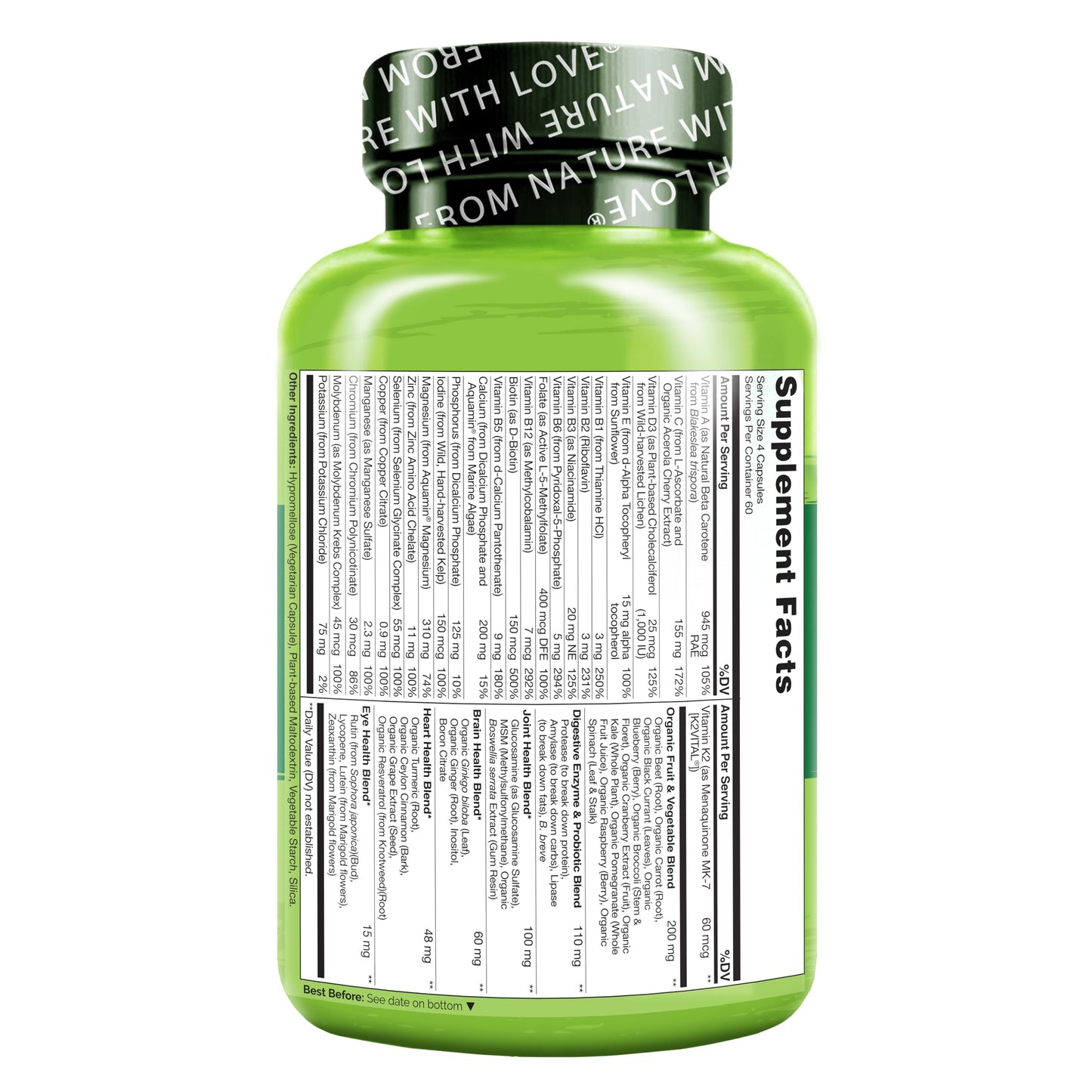 Vista lateral de multivitaminas NATURELO, detalles de la etiqueta y características.