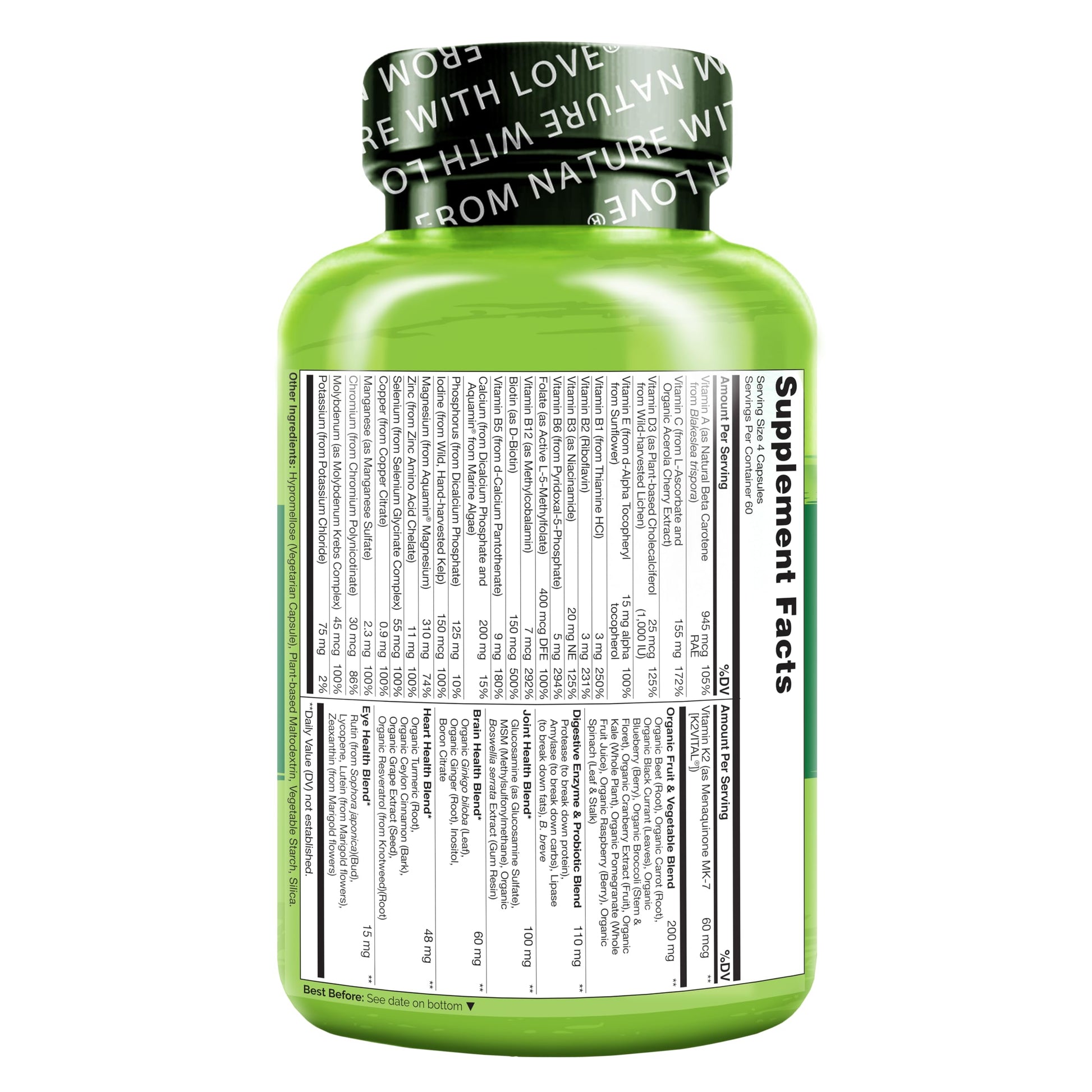 Vista lateral de multivitaminas NATURELO, detalles de la etiqueta y características.
