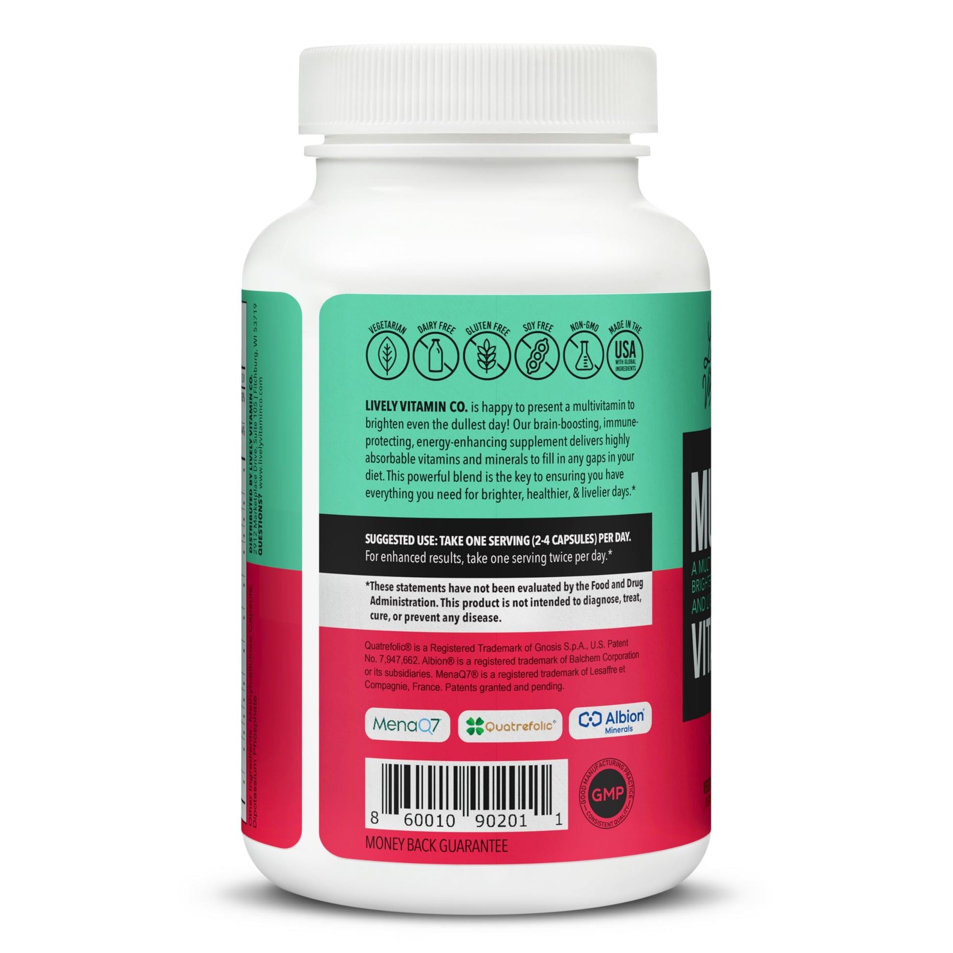 Vista lateral del frasco multivitamínico Lively Vitamin Co