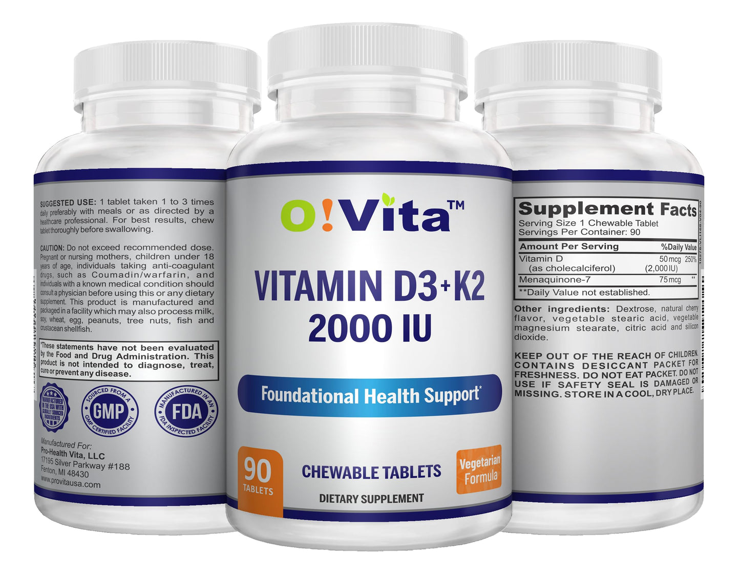 Vista lateral O!VITA vitamina D3 k2 tableta vegana masticable