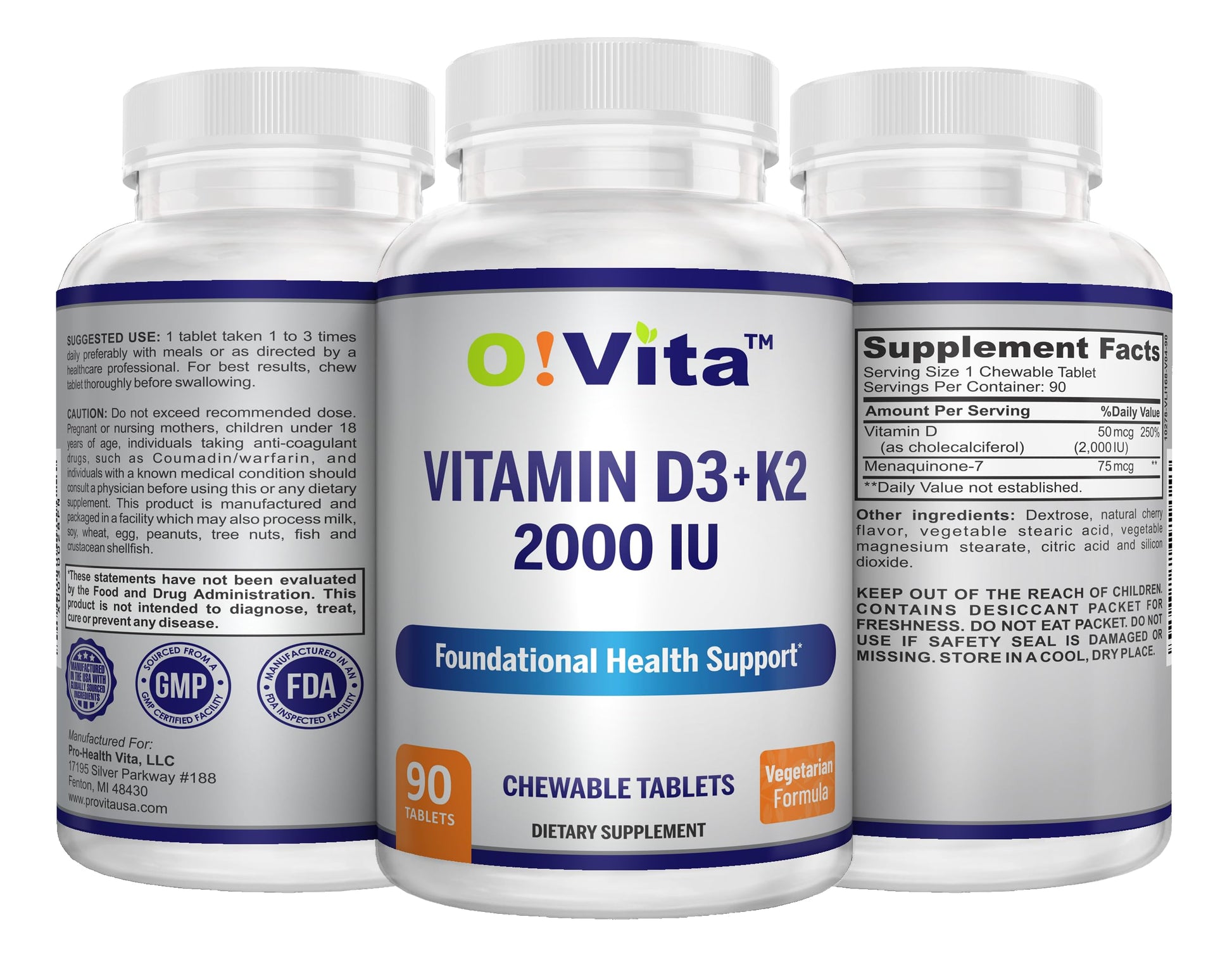 Vista lateral O!VITA vitamina D3 k2 tableta vegana masticable