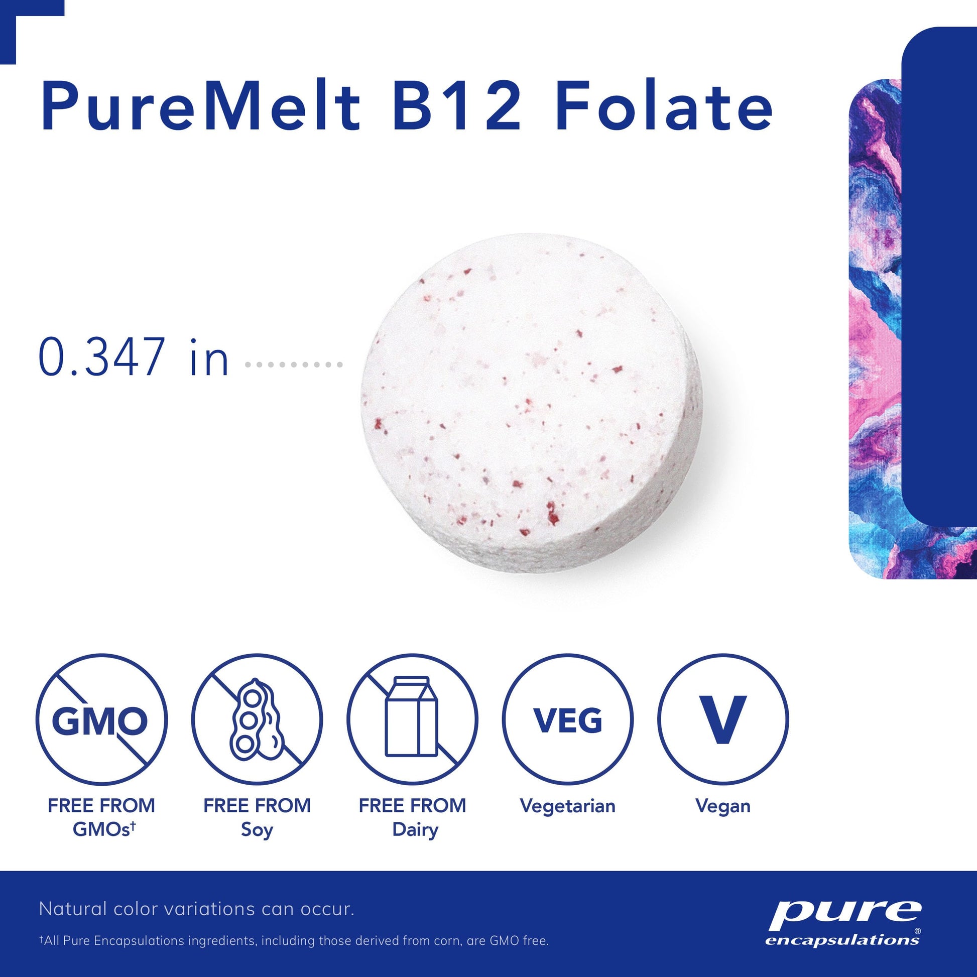 Vista lateral paquete suplemento PureMelt B12 Folate 90 unidades