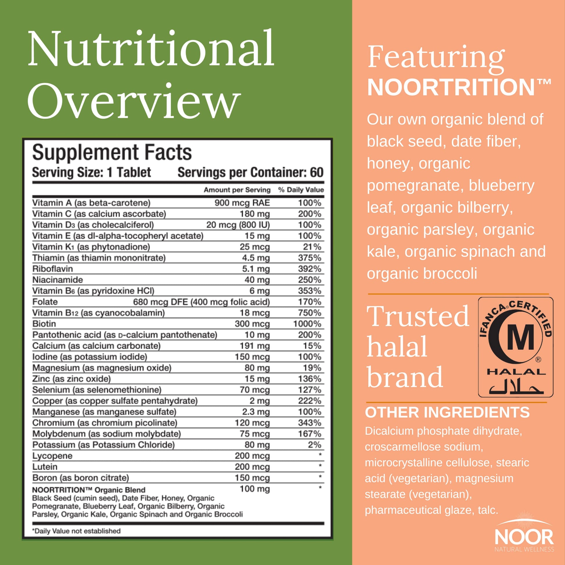 Vista nutricional del multivitamínico Noor
