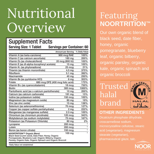 Vista nutricional del multivitamínico Noor