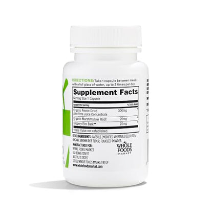 Vista posterior del suplemento Aloe Vera Plus + de Whole Foods