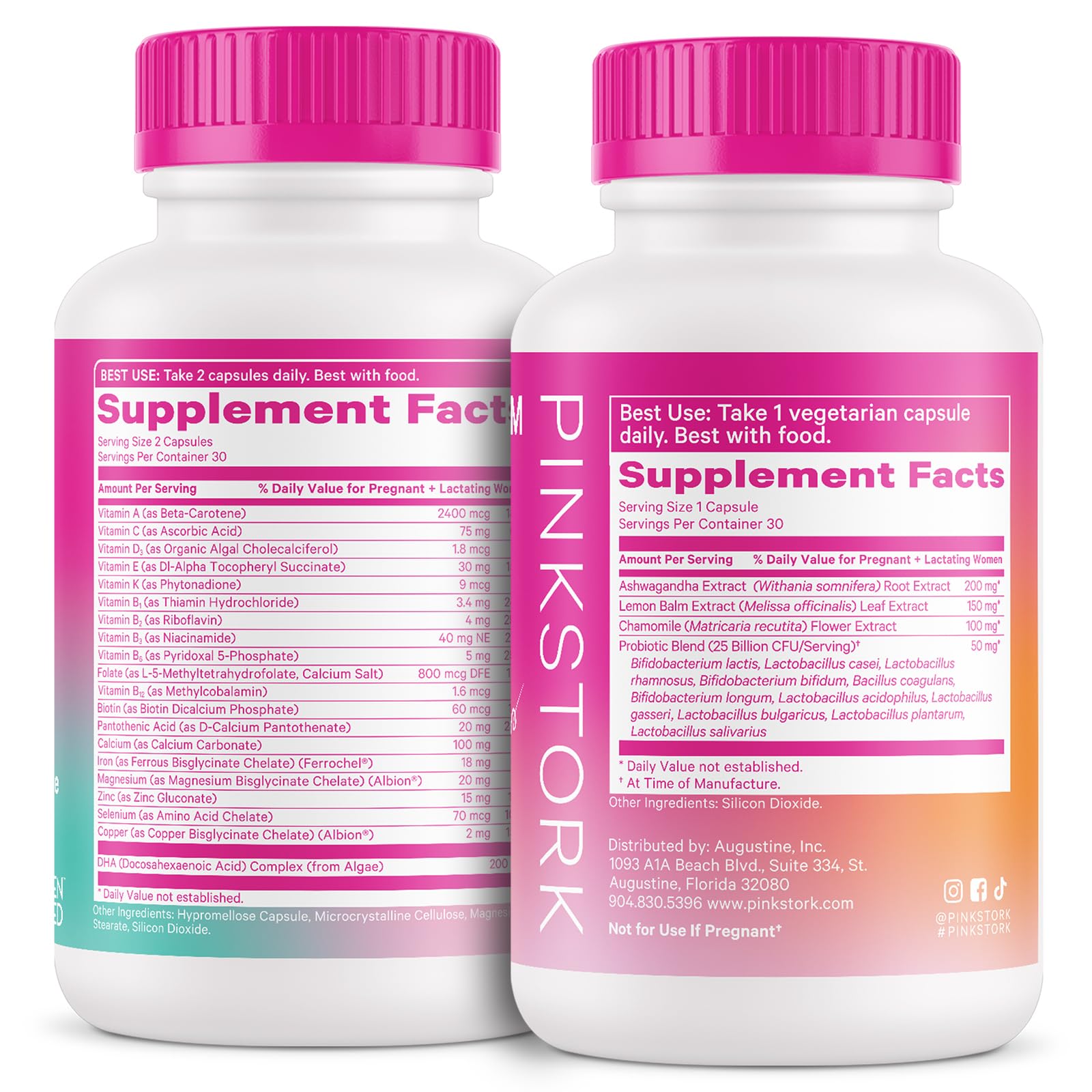 Vista posterior de los frascos de suplementos Pink Stork