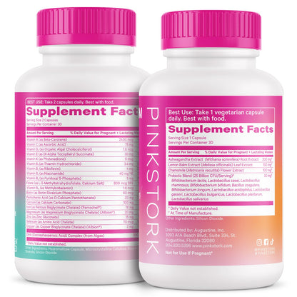 Vista posterior de los frascos de suplementos Pink Stork