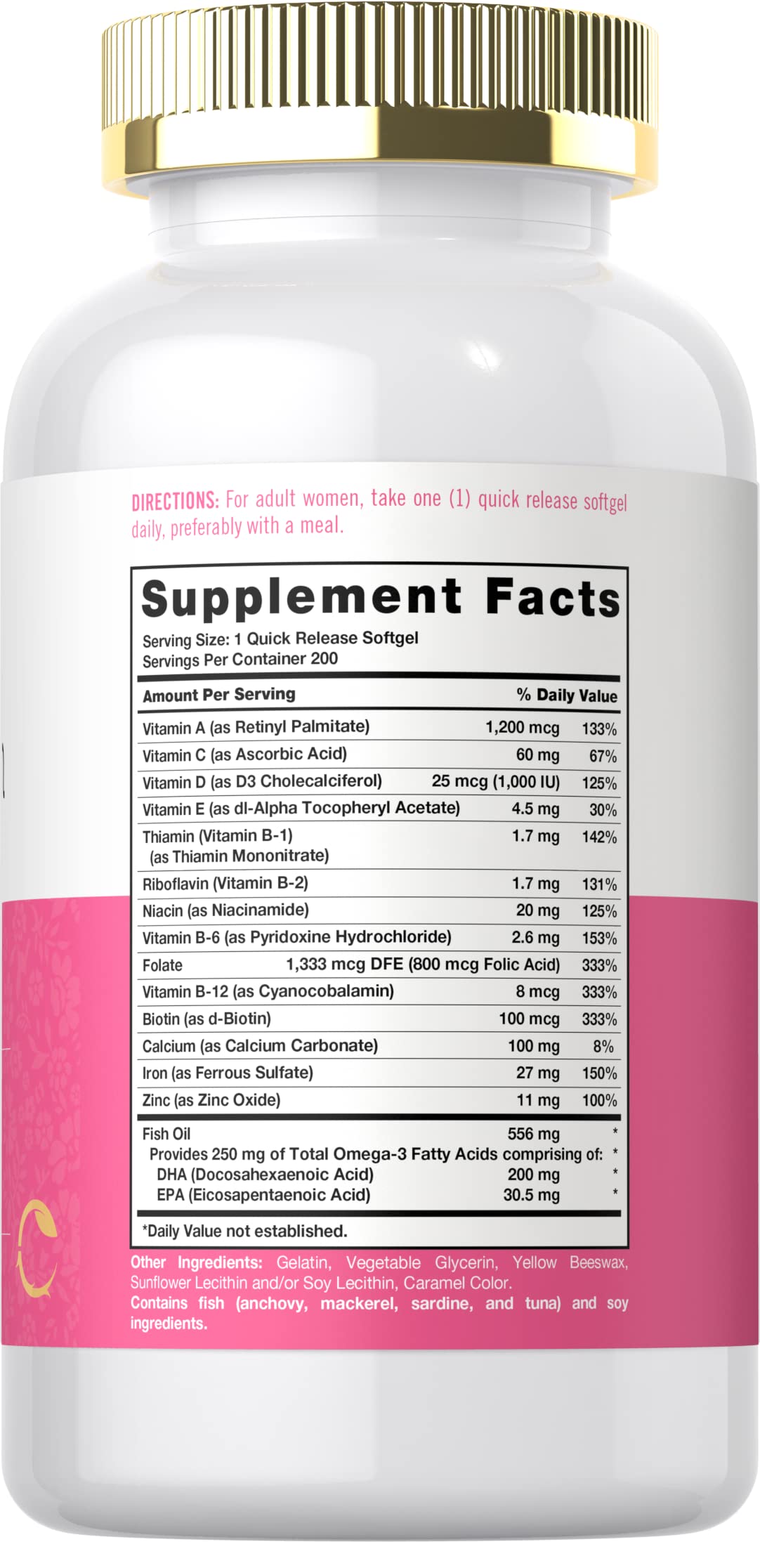 Vista trasera del frasco de multivitaminas Carlyle con ingredientes.