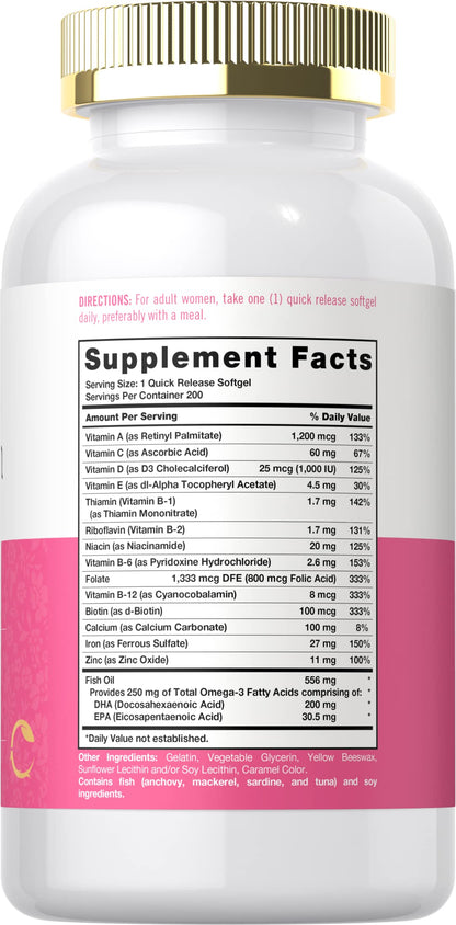 Vista trasera del frasco de multivitaminas Carlyle con ingredientes.