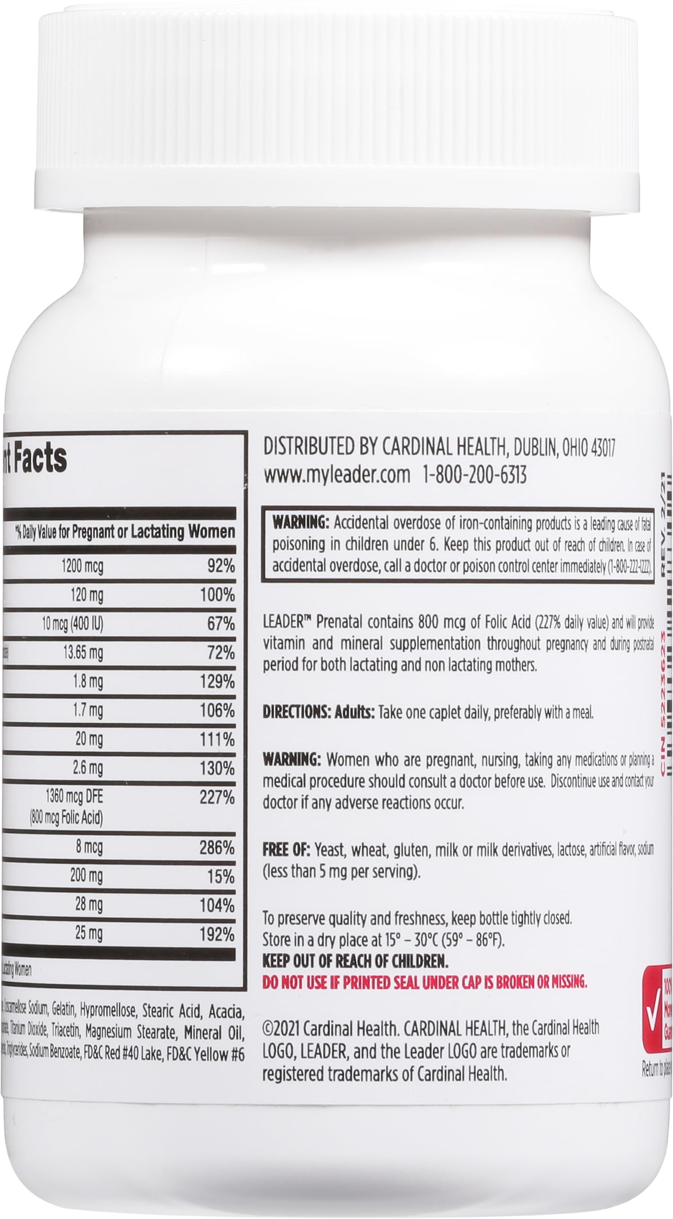 Vista trasera de frasco Multivitamínico Prenatal