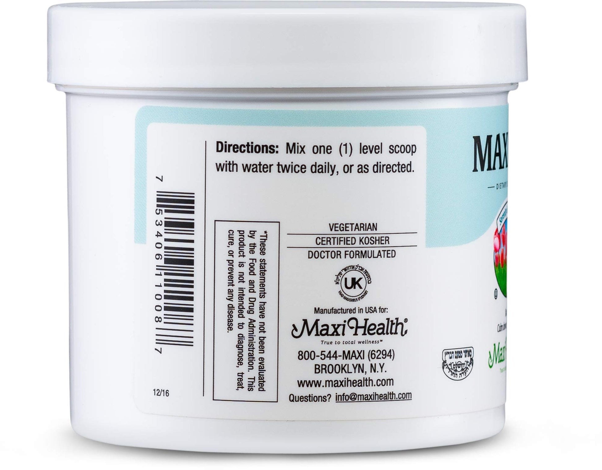 Vista trasera del frasco Maxi Health ITC, hecho en USA.