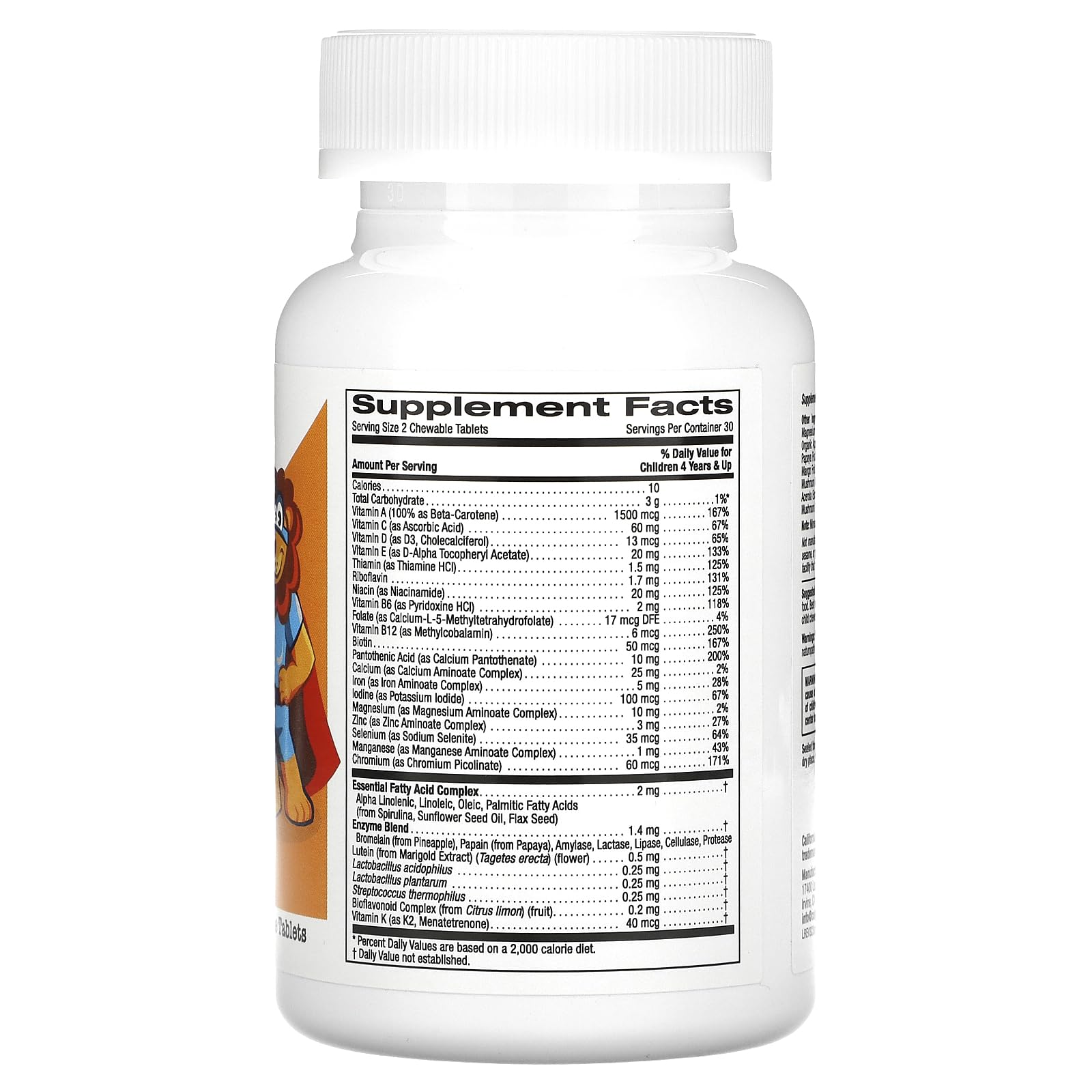 Vista trasera de multivitaminas California Gold con ingredientes