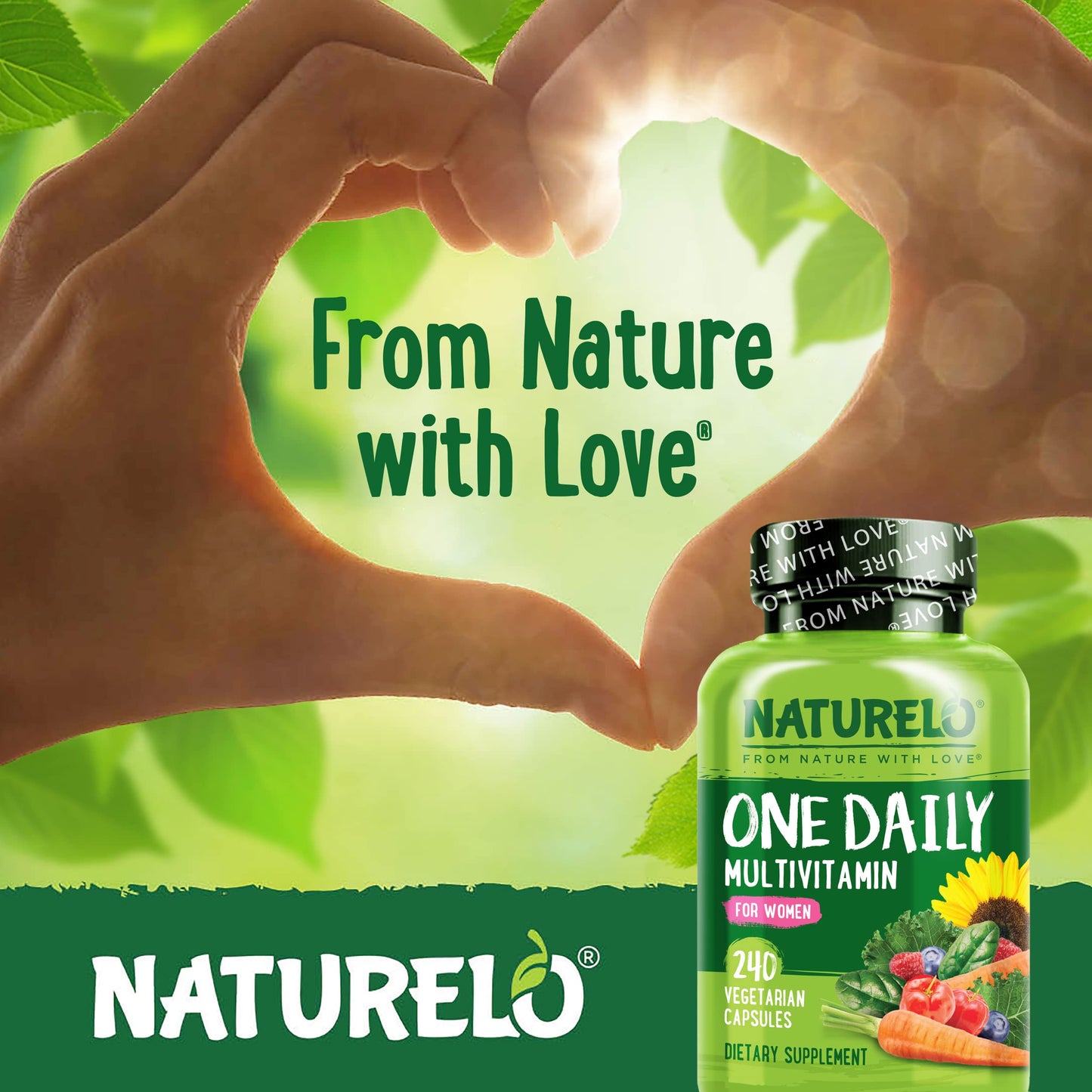 Vista trasera del frasco del multivitamínico diario para mujeres NATURELO.