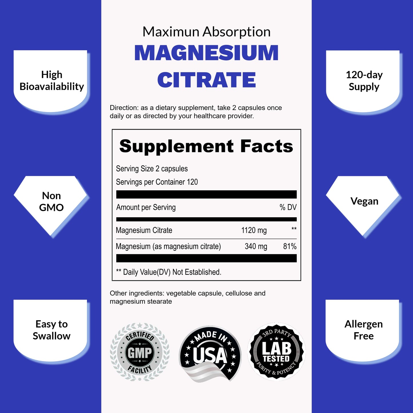 Suplemento UpNourish Magnesio Citrato y Vitamina D3 Liposomal vista trasera