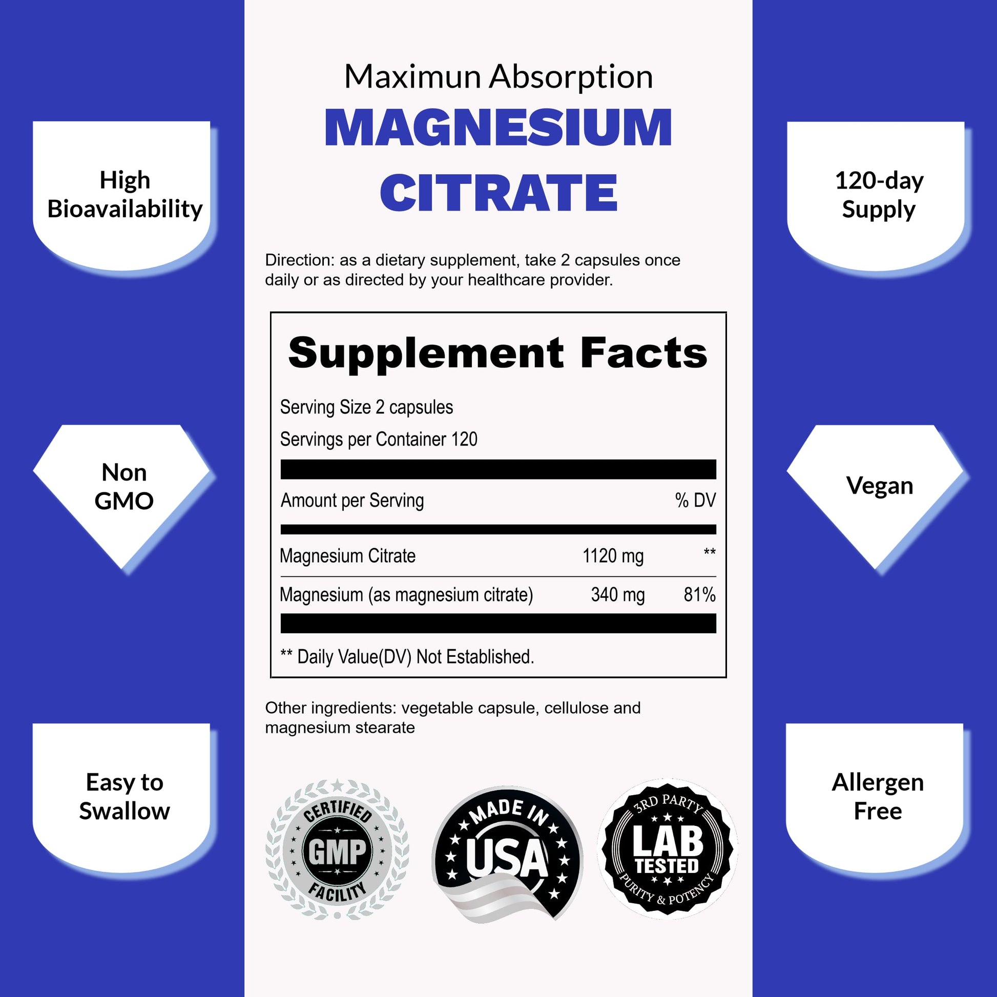 Suplemento UpNourish Magnesio Citrato y Vitamina D3 Liposomal vista trasera