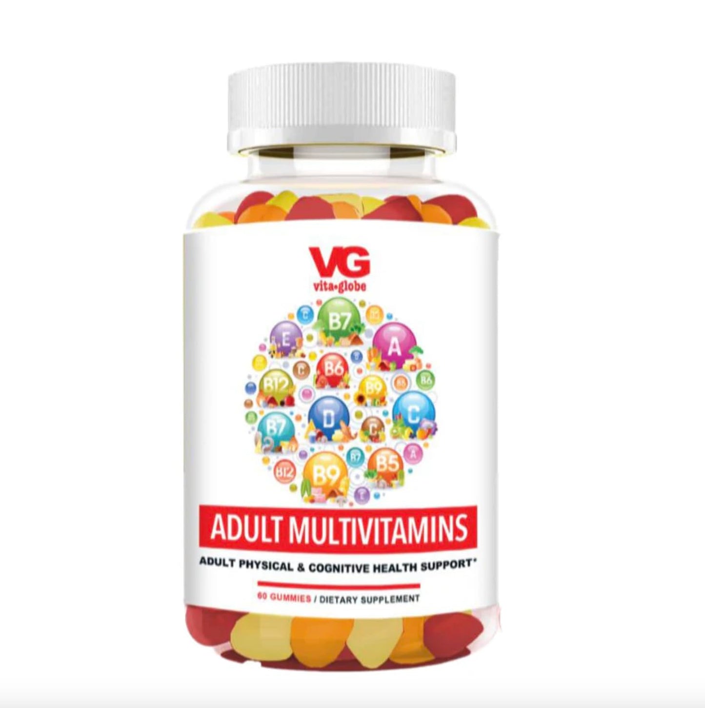 Botella VITA GLOBE de gominolas multivitamínicas para adultos con vitaminas esenciales.