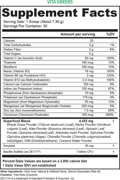 Información de vitaminas y minerales de Vita Greens superalimento