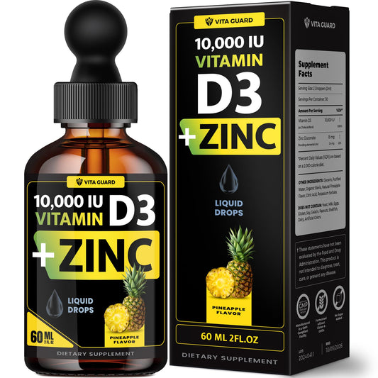 Frasco de gotas líquidas de vitamina D3 y zinc Vita Guard sabor piña