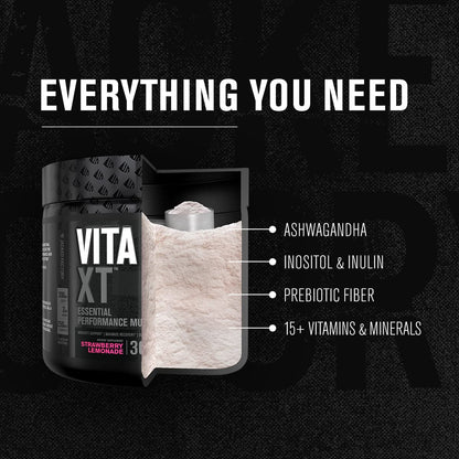 Vita XT multivitamina sabor limonada de fresa, vitaminas A, C, D, K, B6, B12.