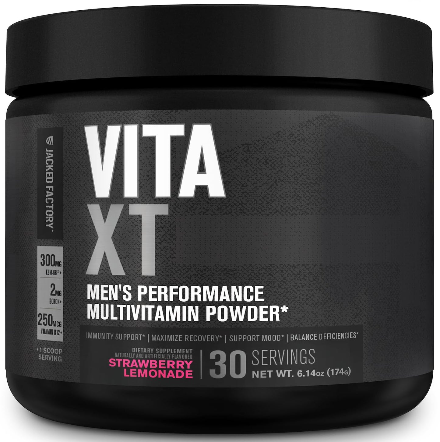 Vita XT polvo multivitamínico para hombres, sabor limonada de fresa, Jacked Factory.
