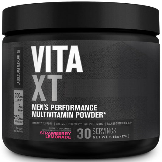 Vita XT polvo multivitamínico para hombres, sabor limonada de fresa, Jacked Factory.