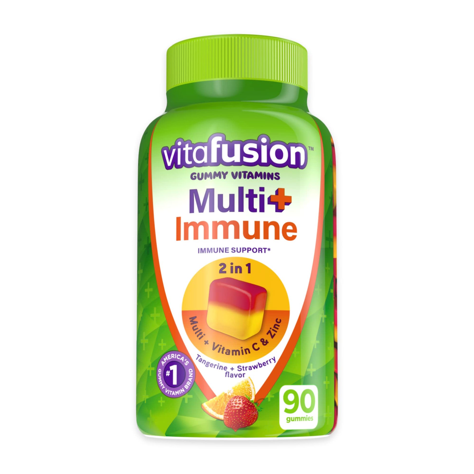 Frasco de gomitas vitafusion multi inmune sobre fondo blanco.