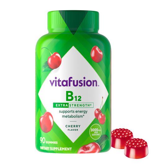 Frasco de gomitas Vitafusion vitamina B12 alta potencia sabor cereza