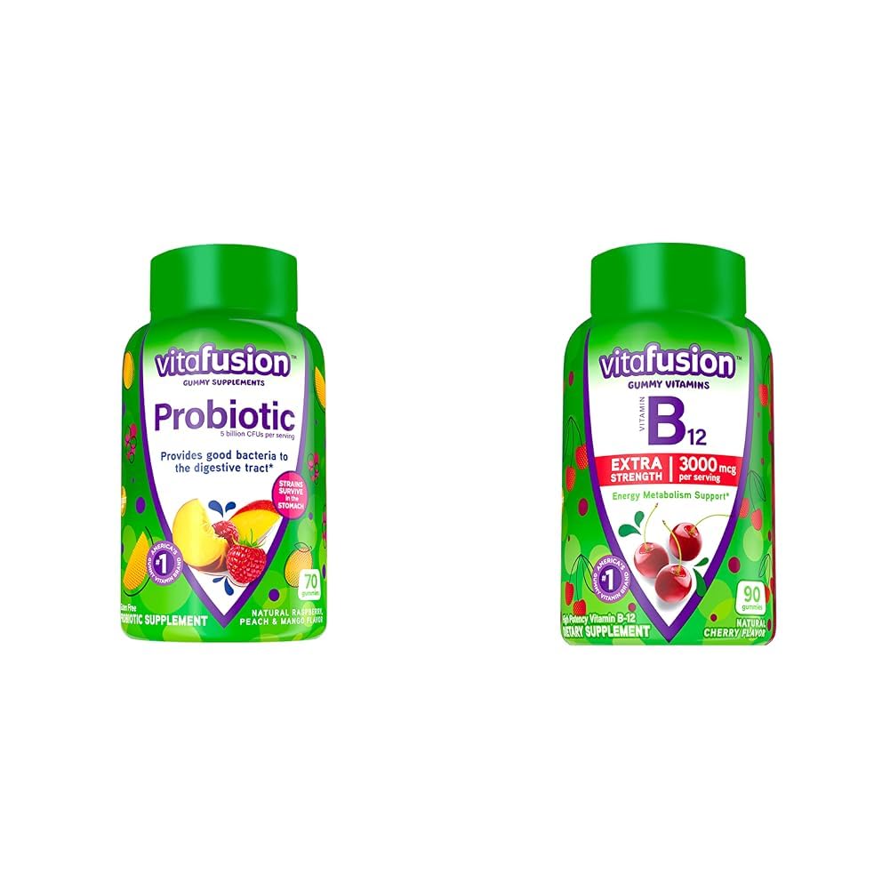 Botella de suplementos masticables probióticos Vitafusion sabores frambuesa durazno mango