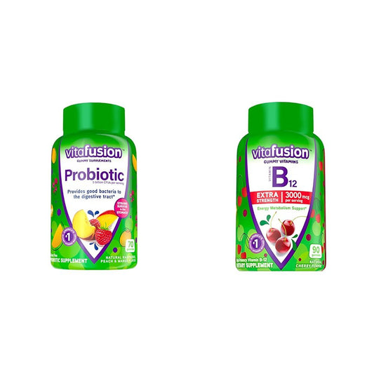 Botella de suplementos masticables probióticos Vitafusion sabores frambuesa durazno mango