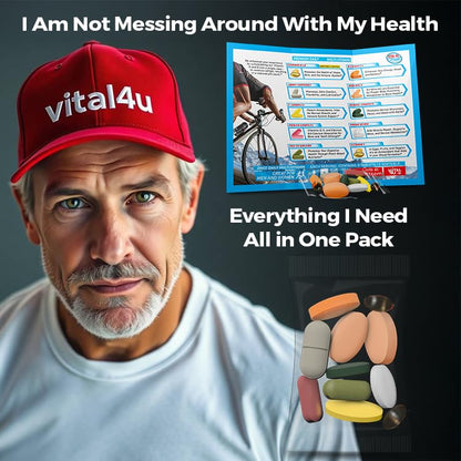 Hombre con gorra Vital 4U mostrando paquete de vitaminas.