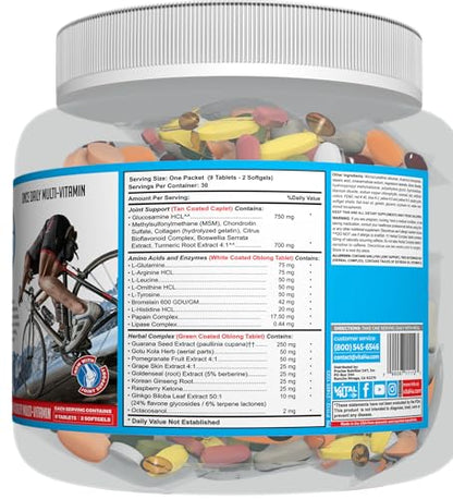 Vista lateral del frasco de vitaminas Vital 4U con ingredientes.