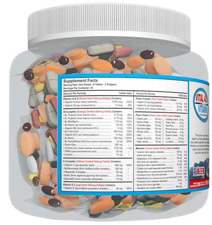 Frasco de vitaminas Vital 4U mostrando información nutricional.