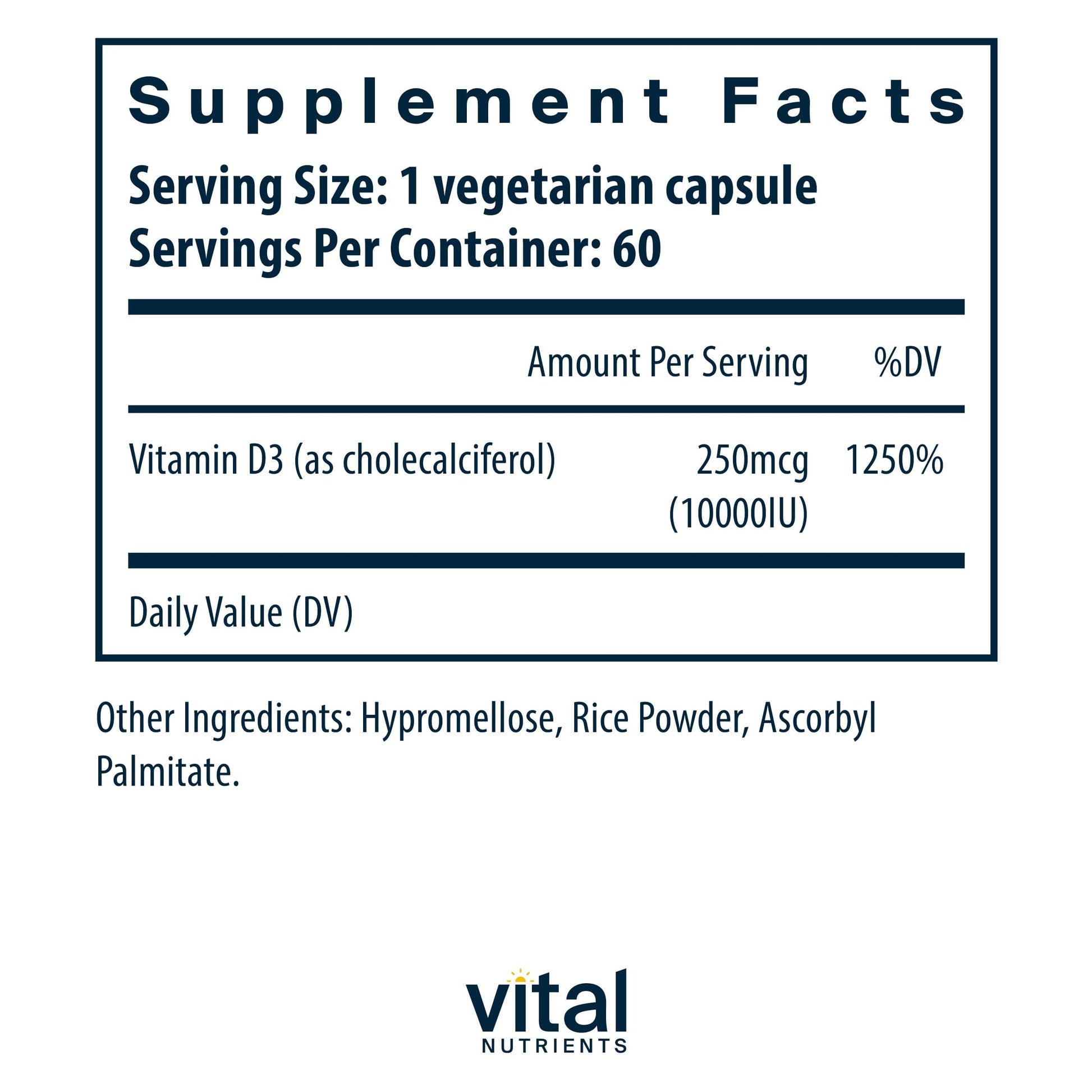 Envase Vital Nutrients Vitamina D 10000 UI 60 cápsulas veganas