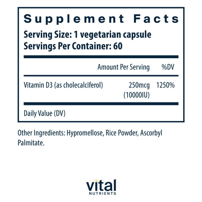 Envase Vital Nutrients Vitamina D 10000 UI 60 cápsulas veganas