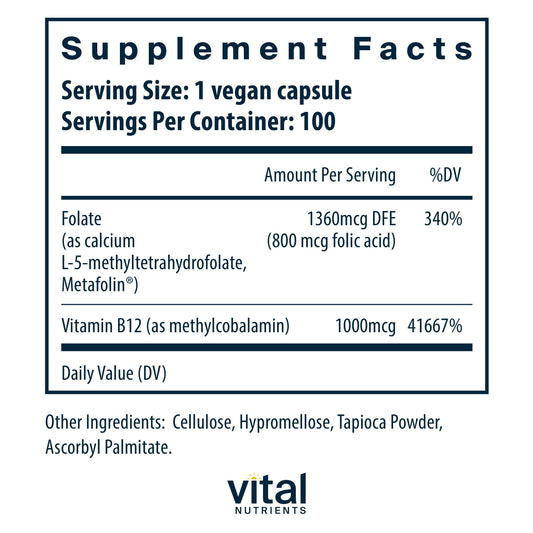 Frasco Vital Nutrients B12 metilada y metil folato