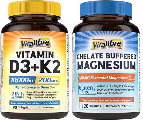 Bote de suplemento Vitalibre Vitamina D3 K2 10000 IU y Magnesio Citrato