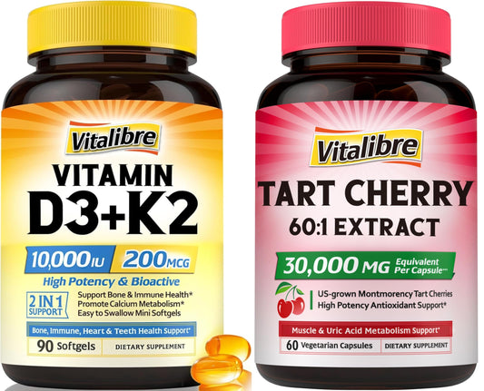 Caja suplemento Vitalibre Vitamina D3 K2 y cápsulas de cereza ácida