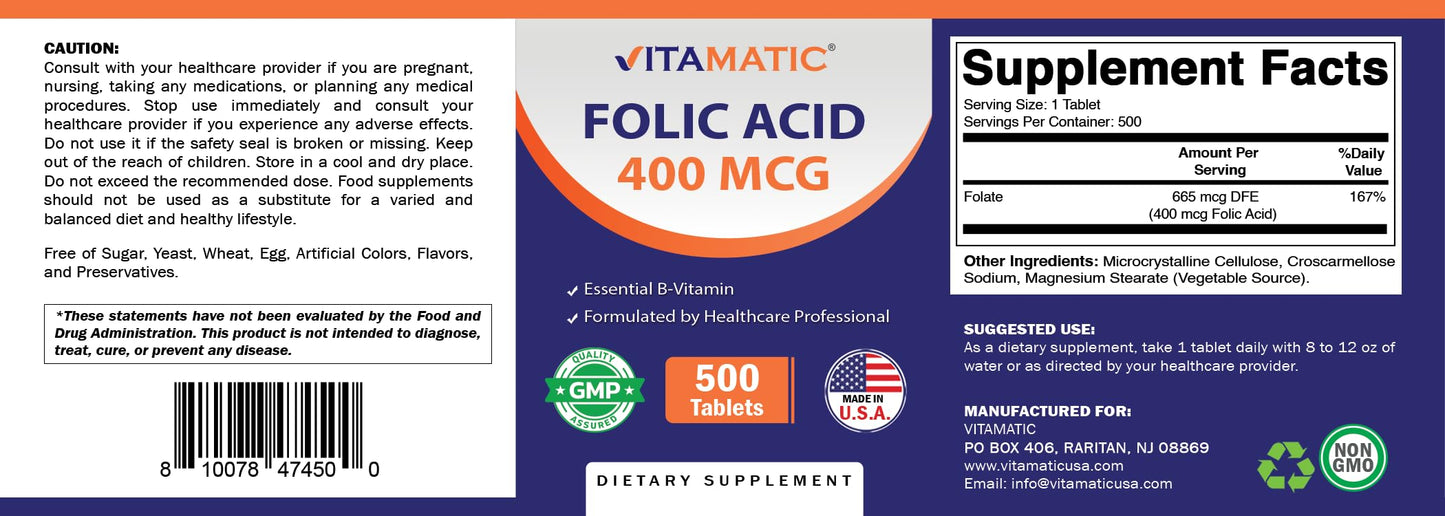 Frasco Vitamatic de ácido fólico 400 mcg 500 tabletas vegetarianas