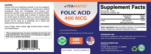 Frasco Vitamatic de ácido fólico 400 mcg 500 tabletas vegetarianas