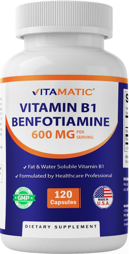 Frasco de cápsulas de Vitamatic Benfotiamina y Vitamina B1