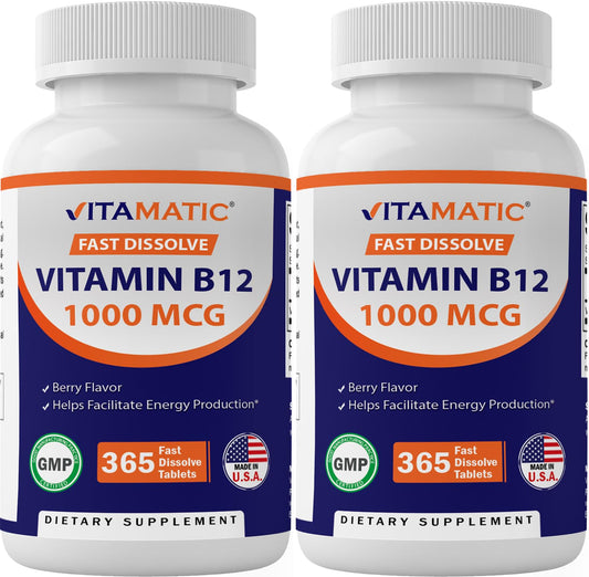 Vitamatic Vitamina B12 1000 mcg rápida disolución sabor baya botella frontal