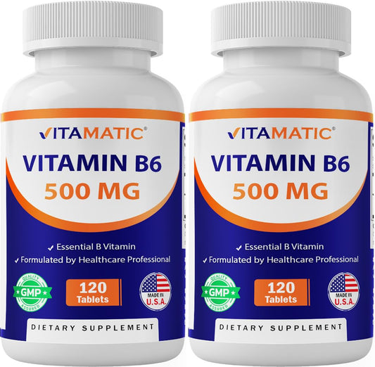 Botellas Vitamatic Vitamina B6 en fondo blanco